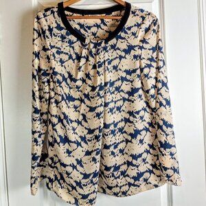 DKNYC Blue Ecru Black Faux Suede Trim LS Tunic Top